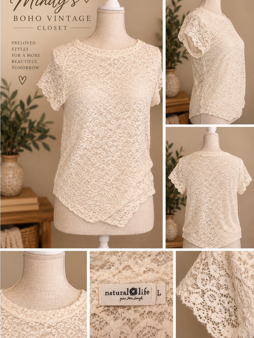 NATURAL LIFE Cream Lace Short Sleeve Overlay Top